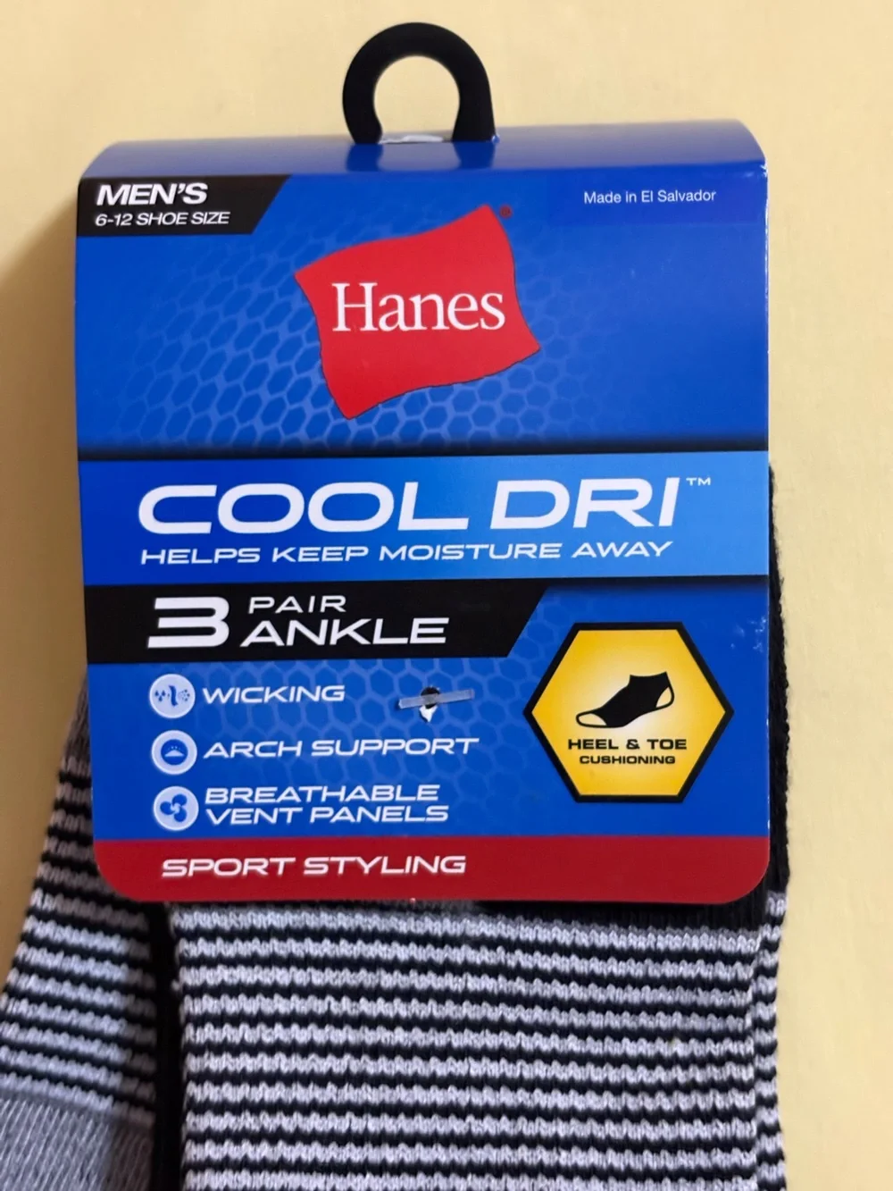🍎 HANES Men’s Ankle Socks 3 Pair Pack Black & Gray Cushion Cool Dri Sz 6-12 NWT
